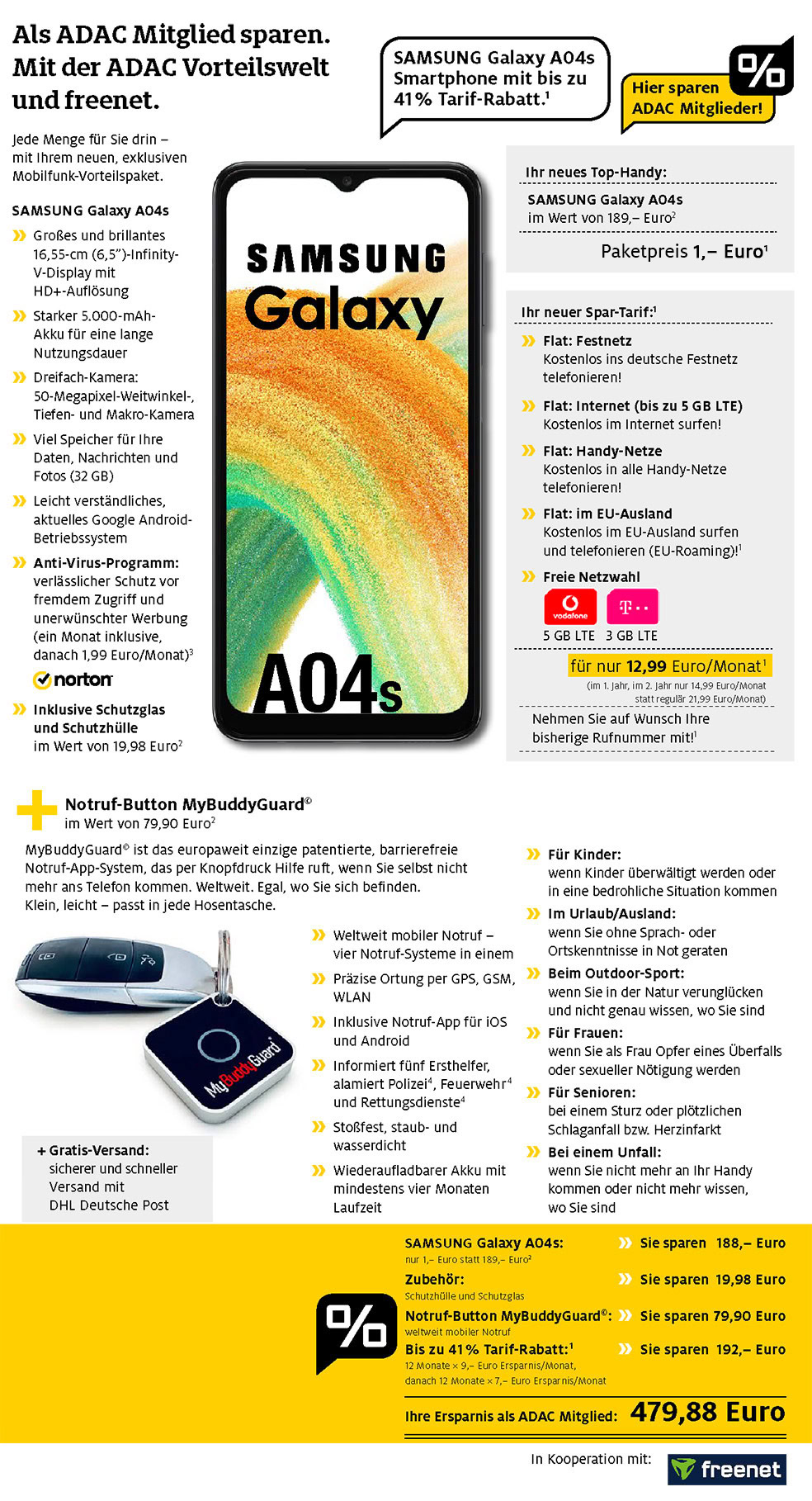 Für nur 1 €*: Samsung Galaxy A04s + Zubehör + My Buddy Guard + Handyvertrag mit ALL NET FLAT für 12,99 €/Monat im ersten Jahr