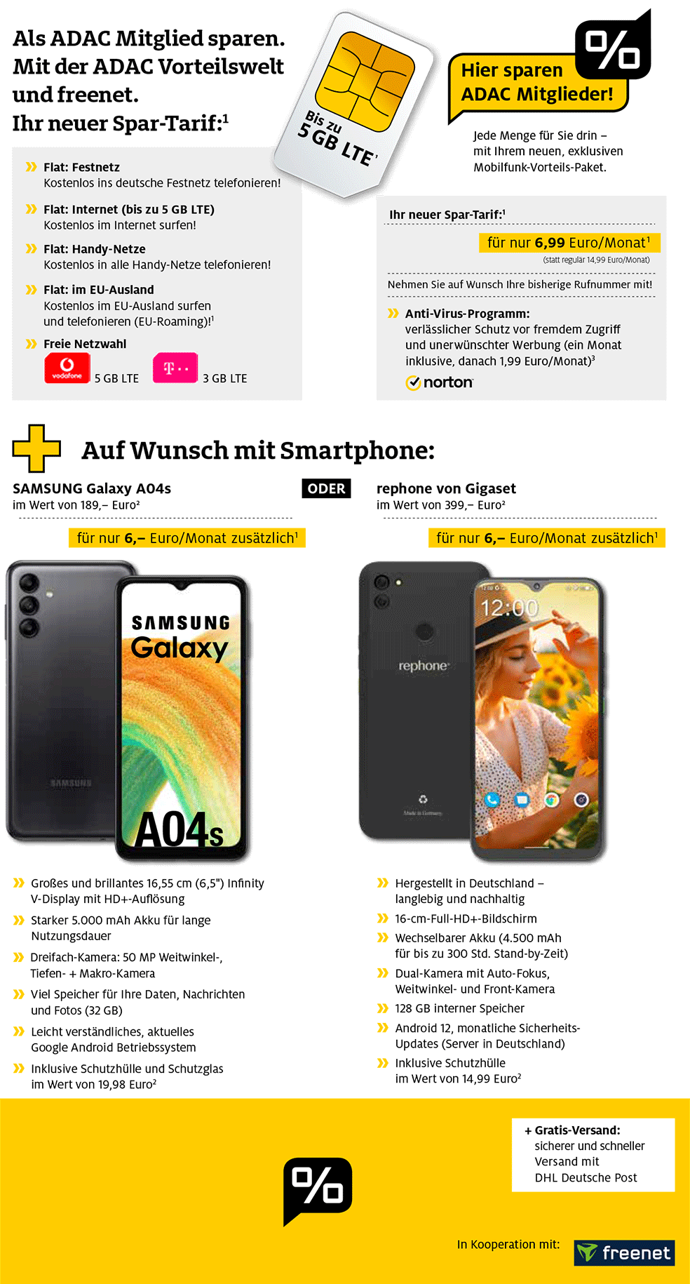 Für nur 1 €*: rephone® + Book Case oder Samsung Galaxy A04s + Zubehör oder SIM only, ALL NET SPAR-Tarif für 6,99 € pro Monat